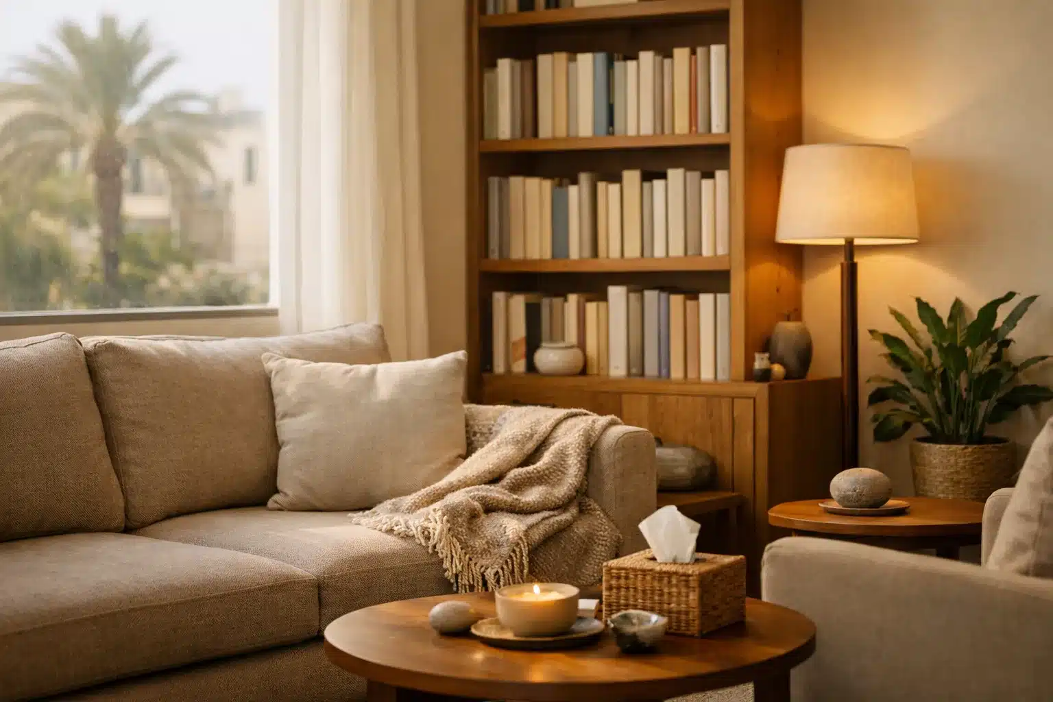 חדר מטפל עם ספרייה וספה נוחה